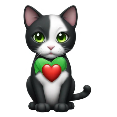 Realistic Black and white cat with green eyes holding a heart sticker
