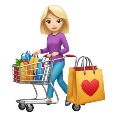 Carrinho de mercado cheio de compras femininas, com diversas maquiagens, roupas  sticker