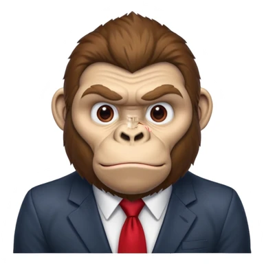 Brown haired cartoon gorilla with tufted tip of hair on the top of his head, light skin tone, heavy brows and cartoony eyes, he is a strong ape with and a red tie x💪🦍 sticker