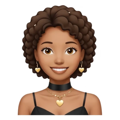  young African-American woman 
She is wearing a black dress and a choker necklace. The woman is smiling and looking directly at the camera. The background is blurred, but it appears to be a dark and moody setting with small white hearts scattered around. In the center of the image sticker