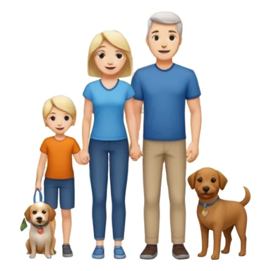 a mom and dad standing in front of a house with their son and a dog next to them (1 dog) and 1 SON not daughter sticker