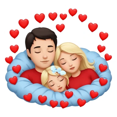 Sleeping romance couple. man has dark hair. woman is blonde. hearts surrounding them. no third person. sticker