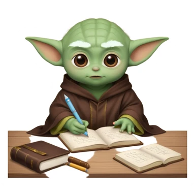 Baby Yoda con su tunica chocolate escribiendo en un cuaderno sobre un escritorio sticker