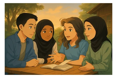 Continuation of the scene: The fourth girl (black hijab, green shirt) is speaking, the wind intensifies, hair and book pages show more movement. Faces remain identical to the original image. sticker