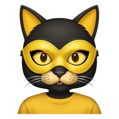a black cat with yellow mask and shirt, half upon
 sticker