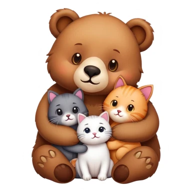 a bear and a kitty showing affection, surrounded by their two cats, cute emoji style sticker