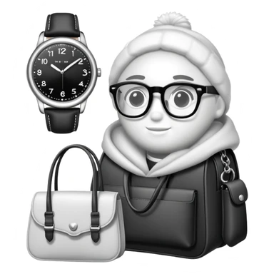 bags and watches, and glasses, all black and white put together like a bundle sticker