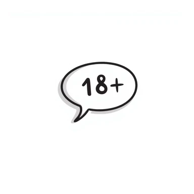 hand-drawn style 18+ badge in the shape of a speech bubble, with bold outlines, simple shadows and highlights for volume, clear '18+' text in the center, playful expressive ficwriter style sticker