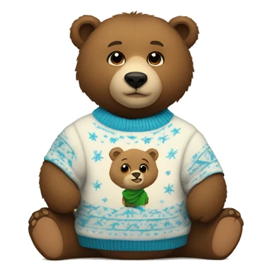 The bear cub is wearing a New Year's sweater with the word Grigor written on it sticker
