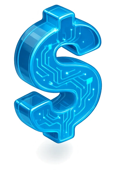 glossy circuit-themed dollar sign, blue glowing accents, transparent background sticker