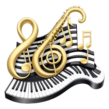 Create an elegant and festive emoji collage representing keyboard instruments, styled like a heraldic emblem. The design should feature a central focal point of black and white piano keys, arranged in a semi-circular or shield-like shape. Around the piano keys, add intertwining musical notes that form flowing ribbons, creating a dynamic and celebratory atmosphere. The design should be professional, with polished silver and gold accents on the keys and notes, highlighting the luxury and sophistication of the instruments. Add subtle shading and lighting effects to give the design a refined, 3D appearance. The background should remain transparent, and the overall feel should evoke grandeur, artistry, and a sense of celebration. sticker