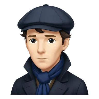sherlock holmes benedict cumberbatch sad, wearing a deerstalker hat, Long dark coat, Dark suits, dark Blue scarf sticker