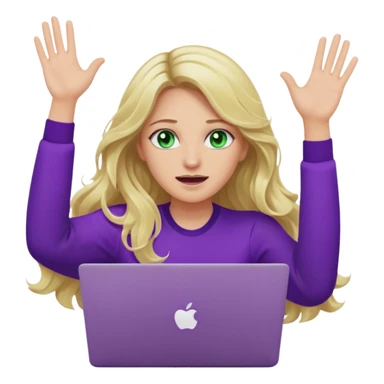 lady with long wavy blonde hair, purple top, green eyes, throwing her with a purple mac laptop hands in the air crying sticker