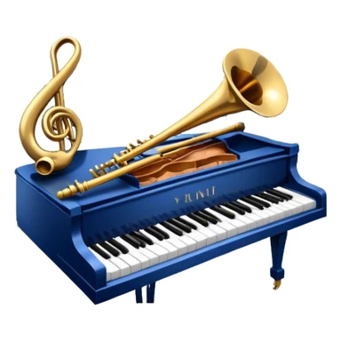Create an elegant and refined emoji that represents orchestration and arrangement. The design should feature a musical score or sheet music with various orchestral instruments like a violin, a trumpet, and a grand piano subtly integrated into the composition. Add a conductor's baton, symbolizing the guiding hand of orchestration, and flowing musical notes that move between the instruments. Use rich, classic colors like gold, silver, and deep blue to evoke the sophistication of orchestral music. The background should be transparent, with a touch of intricate details to represent the complexity of orchestration. sticker