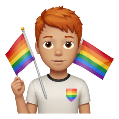 A gay, ginger, young, freckled, boy with a shirt with the name JUDE on it in red marker, holding a pride flag sticker