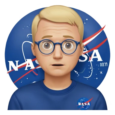 angry fat man, crying like a kid,  blond short and hight receding hairline, wearing a dark blue sweatshirt, nasa logo on the sweatshirt, round glasses without frame, 40 years old sticker