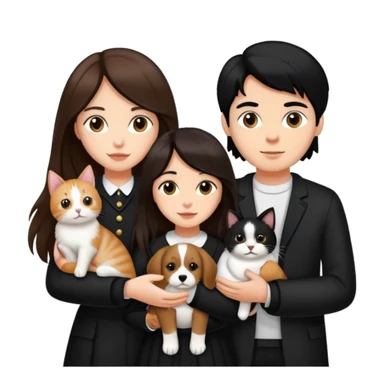 A girl with long brown hair holding the hand of a boy with black hair, both dressed in black, holding a cat and dog sticker