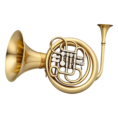 Create a refined and elegant emoji representing the Arnolds & Sons AHR-350 horn. The design should feature the instrument's beautifully coiled brass body with its distinct flared bell, showcasing the high-quality craftsmanship. Include delicate details like the tuning valves, finger buttons, and elegant brass finish. Add subtle musical notes around the horn to symbolize its melodic sound. Use warm golden and brass tones to convey the luxury and professional quality of the instrument. The background should be transparent sticker