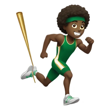 Muscular Afro teenage boy  in green track and field uniform running fast with gold baton in his hand. sticker