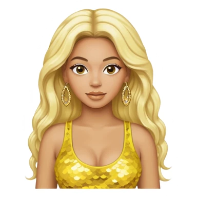 Beyonce with long platinum blonde hair, yellow sequin crop top, yellow earring sticker