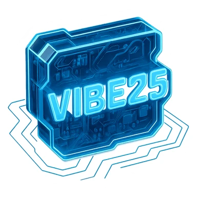 Keep the Tron-inspired neon blue outline and circuit background with strong glow and black background. Make the VIBE25 font much easier to read at small sizes by using a thicker, simpler, more geometric font with increased spacing and high legibility, maintaining the strong glow effect and black background. sticker