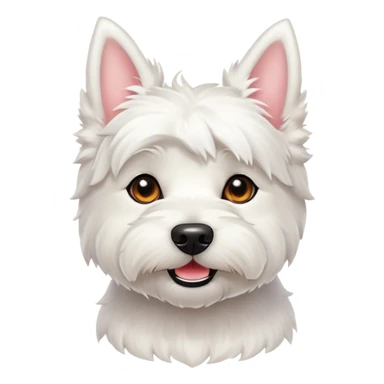 Cinematic Cute West Highland White Terrier Portrait Emoji, Head tilted playfully and inquisitively, featuring a fluffy, immaculate white coat with perky ears, round, sparkling dark eyes filled with curiosity, Simplified yet irresistibly adorable features, highly detailed, glowing with a warm, friendly glow, high shine, affectionate and lively, stylized with a touch of whimsy, bright and endearing, soft glowing outline, capturing the essence of a mischievous yet loving pup, so playful it feels like it could bound out of the screen and into your arms! sticker