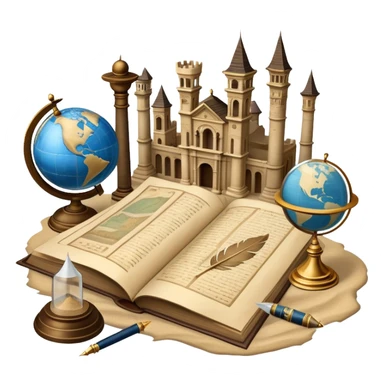 An icon featuring ancient scrolls, a quill pen, and large, old-fashioned sand clocks, symbolizing the study of history. The design includes a globe and a timeline with significant historical events, set against ruins to evoke past civilizations. Transparent background highlights the passage of time. sticker