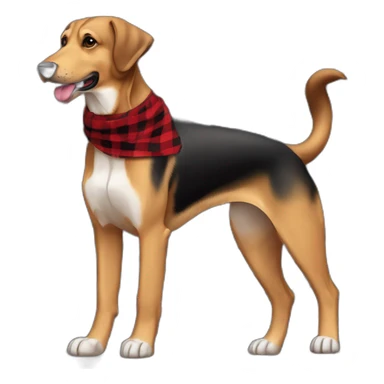 adult 75% Coonhound 25% German Shepherd mix dog with visible tail wearing small pointed red buffalo plaid bandana full body walking left quickly sticker