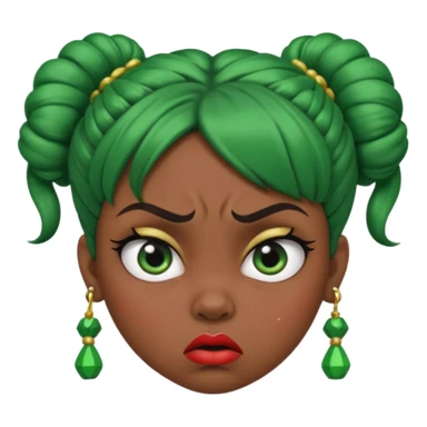 Create a 3D cartoon-style girl character with dark skin, round face, angry expression, big wide eyes, and tightly styled double buns made of green beaded hair. The girl should look irritated, eyebrows sharply angled, and lips pressed in a frown. sticker