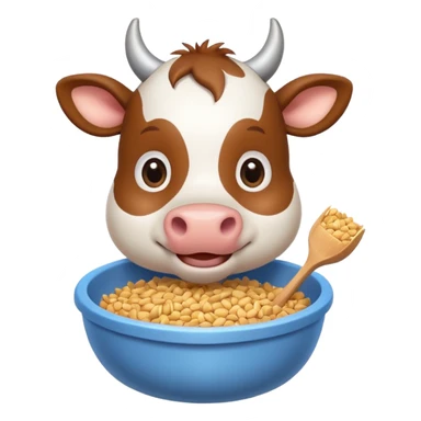 cute cow eating animal feed, hay and grains in a feeding bowl, 3D cartoon, mobile game icon style, clean background, no text, no watermark
 sticker