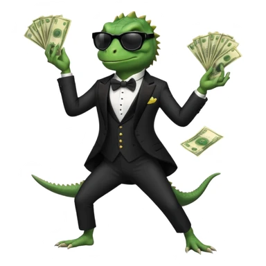 capitalist iguana banker in tuxedo and black sunglasses dancing crazy with money sticker