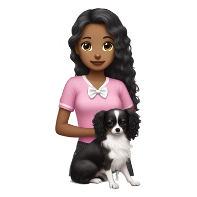 Girl with long black curly hair wearing a pink shirt holding a black and white long haired chihuahua wearing a white bow sticker