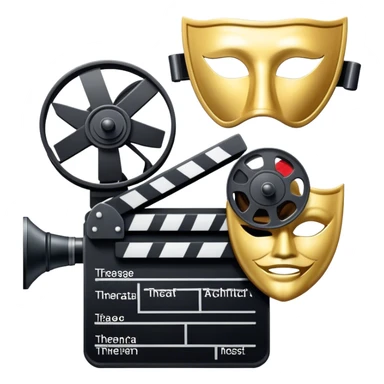 Icon for Acting in Theater and Film: a stage with a spotlight, a film camera, a clapperboard and a dramatic mask. The design should represent both theatrical performance and cinematic art. Transparent background. sticker