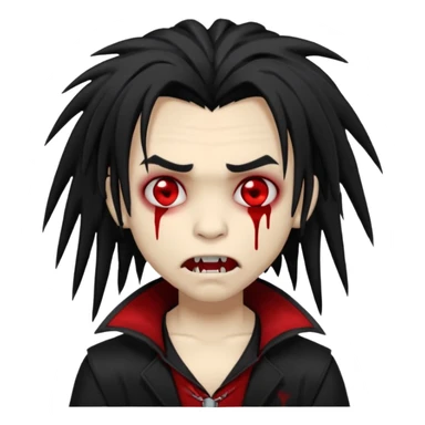 Boy, vampire, black hair, medium long emo rapper dreads, emo, shaggy, dark, spooky, creepy, fangs, dark skin, red eyes, blood, cute sticker