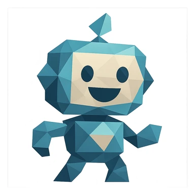 polygonal low-poly AI agent with a comical face, geometric shapes sticker