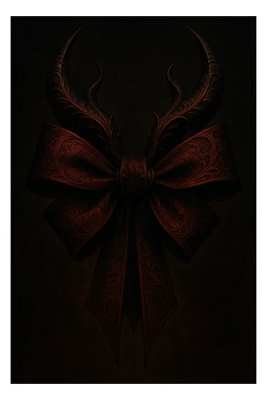 devil bow, gothic style, dark red and black, ornate horns, dramatic shadows, elegant and sinister sticker