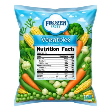 A colorful plastic bag of frozen mixed vegetables (peas, carrots, corn, and broccoli) with a bright label showing freshness and nutrition info. The bag surface has light frost and condensation. Placed in a freezer display section with other frozen food packs around it, real-life grocery store look. sticker