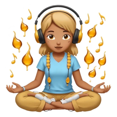 This girl(🧘🏻‍♀️) is sitting cross-legged in a meditation pose, wearing headphones(🎧) and listening to music. The song is so good that honey is dripping from her ears, and her expression is completely dazed because she’s enjoying the music so much. sticker