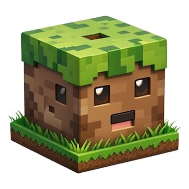 A 3D Apple-style emoji of a Minecraft grass block, cubic shape, with bright green grass on top and brown soil with pixel texture on the sides, simple and cute cartoon design. sticker