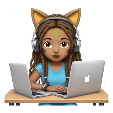 black girl with dreads who works remotely through a laptop with cat ear headphones sticker