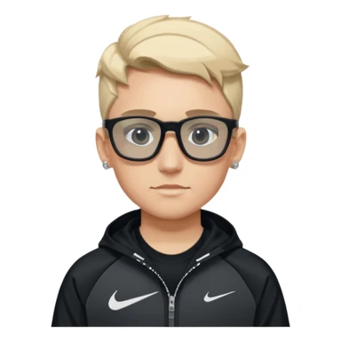 un emoji de un chico emcapuchado blanco con luzes negras e rubias, com uma chaqueta negra nike tech y unas gafas de oakley, con pendientes de diamante, que las gafas sean estilo cuadradas, los pendientes q no se cuelguen, que sean redondos, en las dos cejas un corte, que las gafas no sean circulares sticker