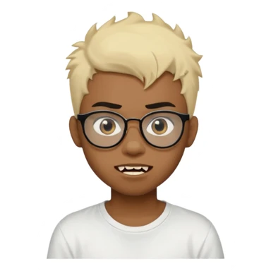Black Male Teenager with Short punk messy blonde hair, Dark brown bushy eyebrows large expressive golden-brown eyes, wearing a plain white t-shirt, wearing thick black glasses, Dark Brown skin color. vampire tooth sticker