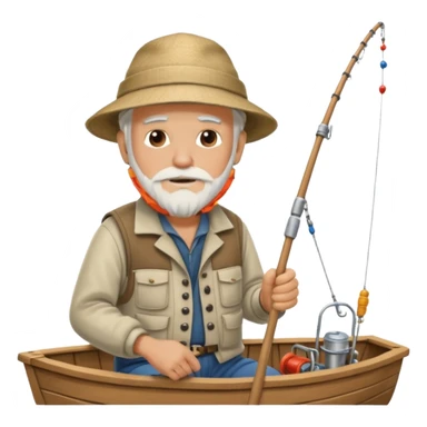 an old white haired, bearded man in fisherman attire, sat in a big boat on the ocean, casting a fishing line into the water sticker