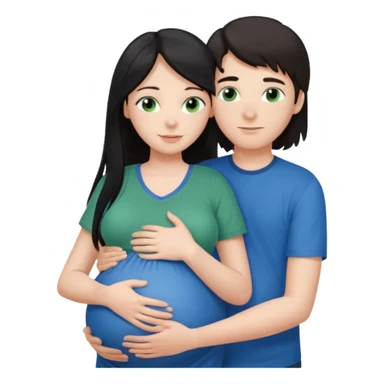 Make a couple emoji they are 18. The girl has long black hair and blue eyes and is hugging a pregnant boy with brown hair and green eyes they are both wearing the same colour top.  sticker