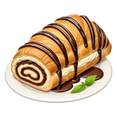  Chocolate-filled croissant roll, golden flaky pastry, chocolate drizzle on top, bite taken, white background, realistic food photo sticker