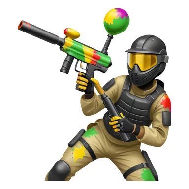 A dynamic scene of a player in action, holding a paintball gun and wearing protective gear. The background shows a vibrant paintball field with obstacles, colorful splatters of paint in the air, and an intense, competitive atmosphere. sticker