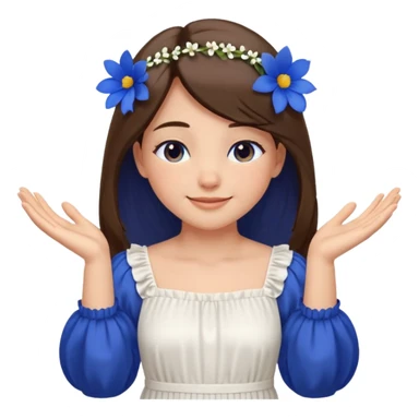 Generate a girl with her eyes closed and smiling and Boht her hands under the chin, palms facing upwards. She should be wearing a white dress with cobalt blue flowers on the dress and puffed sleeves. She has ling straight hair. Only her face and chest is visible. sticker