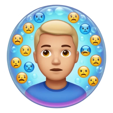 Realistic emoji-style man trapped inside a glowing filter bubble. The bubble contains identical social media icons and repeating content symbols. Outside the bubble are colorful diverse icons he cannot see. The man looks comfortable but unaware, expressing narrow perspective. sticker