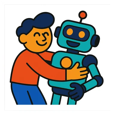 abstract illustration of a person hugging a friendly robot in vibrant toon style sticker