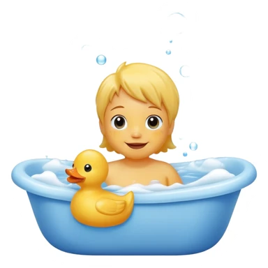 child splashing in a bathtub with rubber duck and bubbles, happy face sticker